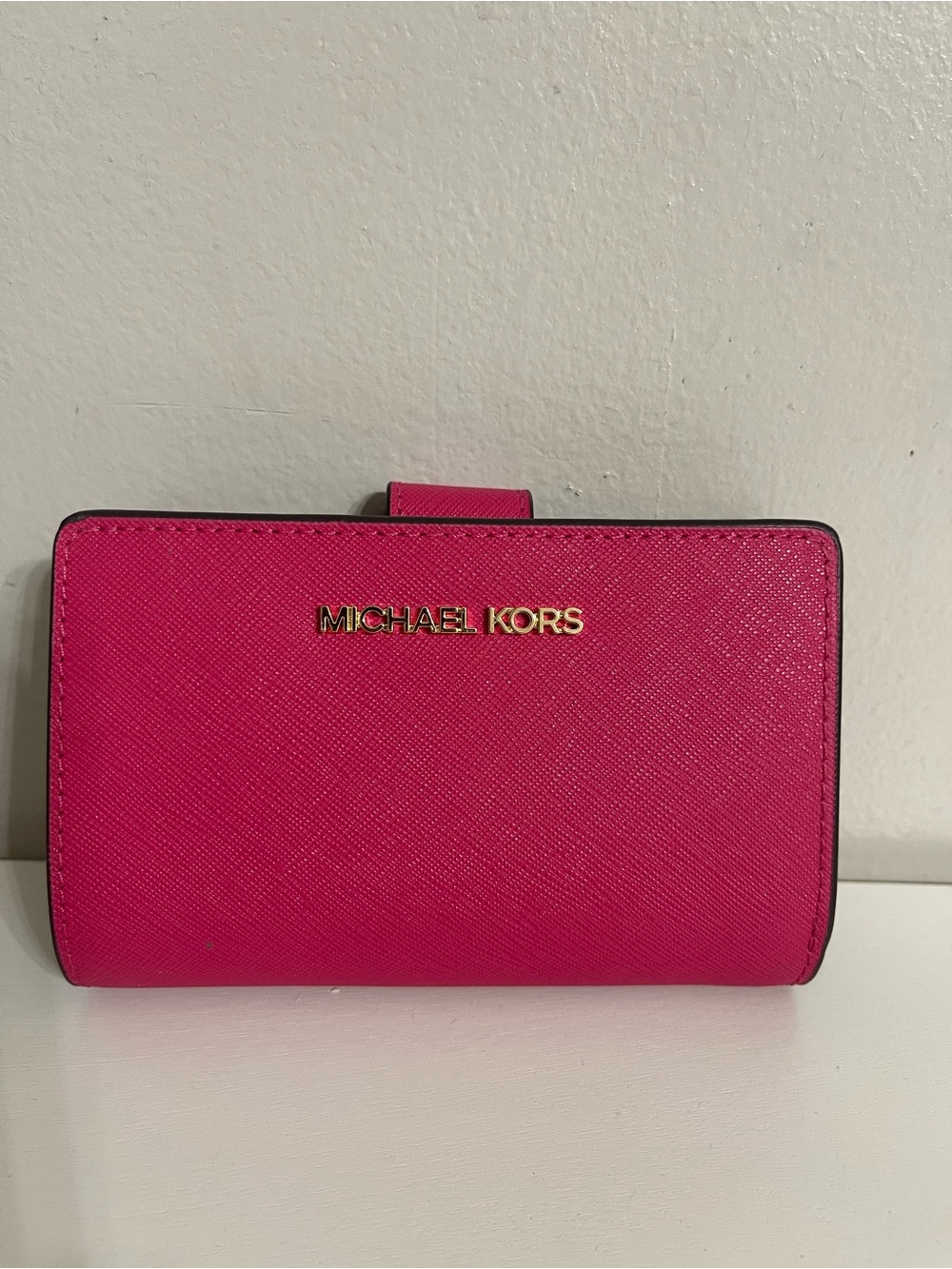 Michael Kors Vibrant Pink Saffiano Leather Wallet with Gold Logo
